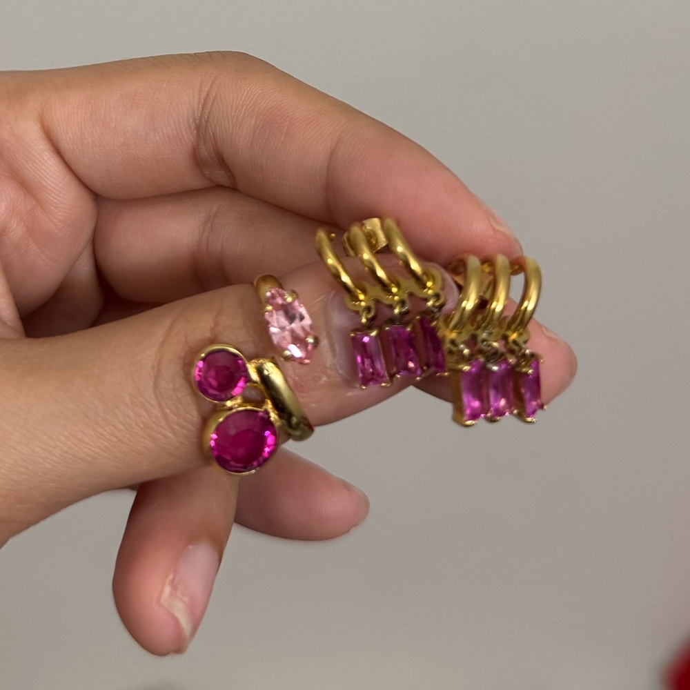 Pink Jewelry Stone Set Adjustable Ring Triple Stone & Triple Hoop Portugal